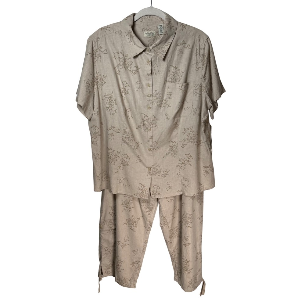 Classic Elements Woman Linen Cotton Floral 2-Piece Top & Pant‎ Set Beige 18W 14P